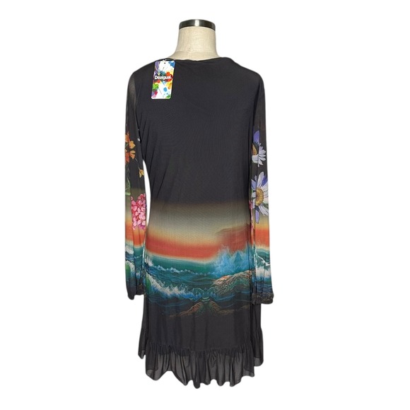 DESIGUAL Black Barton Dress Floral Ocean Wave Print Long Sleeve Ruffle US M NWT - Picture 3 of 10